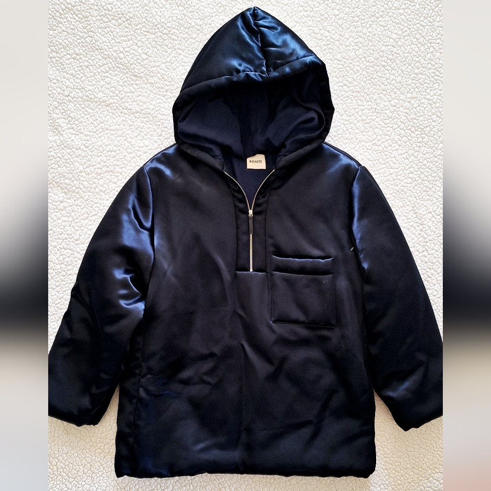 NWOT KHAITE Henry Satin Pullover Hooded Jacket in navy size M Org $1,700 - Picture 9 of 12
